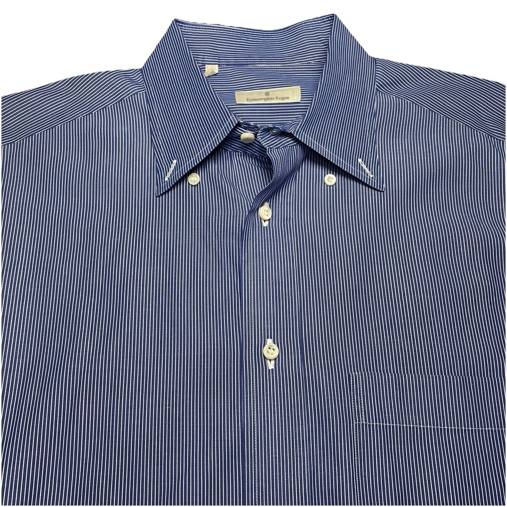 Ermenegildo Zegna Shirt 16.5 42 L/S Button Down Blue White Fine Stripe FLAWS